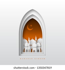 Ramadan Kareem greeting background. 3d paper cut arabic window with mosque and crescent. Design for greeting card, banner or poster. Translation Ramadan Kareem. Vector illustration.
