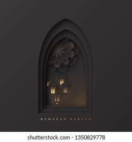 Ramadan Kareem greeting background. 3d paper cut arabic window with flower and lanterns decorated pattern in traditional islamic style. Design for greeting card, banner or poster. Vector illustration.