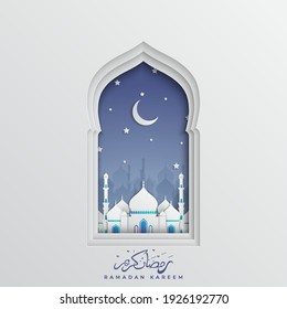 Ramadan Kareem greeting background. 3d paper cut arabic window with mosque and crescent. Design for greeting card, banner or poster. Translation Ramadan Kareem. Vector illustration.