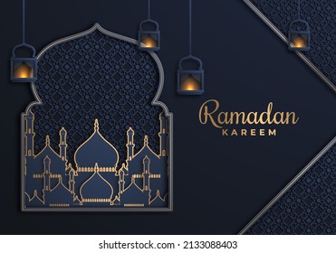 Fondo de bienvenida de Ramadan Kareem. Papel tachado en forma de arabic decorado con un estilo islámico tradicional y farolillos colgantes. Diseño para tarjeta de saludo, pancarta o afiche. Ilustración del vector