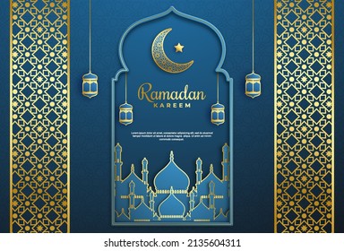 Ramadan Kareem greeting background. 3d paper cut arabic decorated pattern in traditional islamic style and hanging lanterns. Design for greeting card, banner or poster. Vector illustration