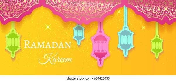 Ramadan Kareem greeting background colored arabic design patterns and lanterns, arabic lamp for promotion banner, ads, flyers, invitation, posters, brochure, discount, sale offers. Vector. EPS 10