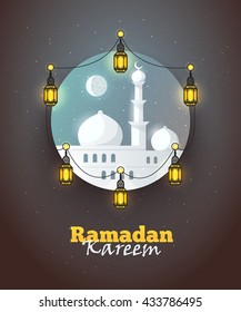 Ramadan Kareem greeting background. Colorful design for greeting postcard, web banner and printing material. Vector illustration.