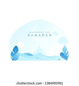 	
Ramadan kareem greeting background with desert in light blue color