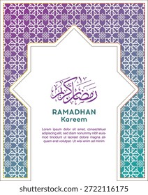 Ramadan Kareem Grußhintergrund mit eleganten islamischen geometrischen Mustern und einem dekorativen Bogenrahmen mit einem modernen Farbschema von blau bis violett. Sauberes und minimalistisches Design mit arabischer Kalligrafie, ideal für Ramadan- und Id-Feiern, Grußkarten, Einladungen, Banner, Poster, Vorlagen in sozialen Medien und islamische Veranstaltungsdesigns.