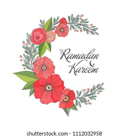 Ramadan Kareem Greeting background with Floral print in the form of moon. Crescent moon decorated with flowers, leaves,branches. Vector hand drawn card, poster, banner for Islamic Holy Month