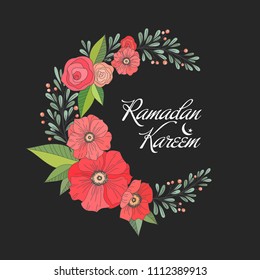 Ramadan Kareem Greeting background with Floral print in the form of moon. Crescent moon decorated with flowers, leaves,branches. Vector hand drawn card, poster, banner for Islamic Holy Month