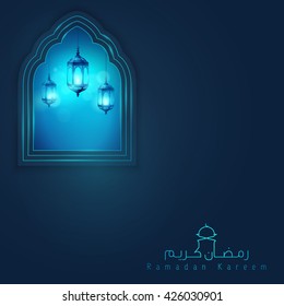 Ramadan Kareem greeting background with glow arabic lantern - Translation of text : Ramadan Kareem - May Generosity Bless you during the holy month