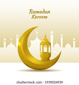 Fondo de bienvenida Ramadan kareem con luna creciente dorada y linterna