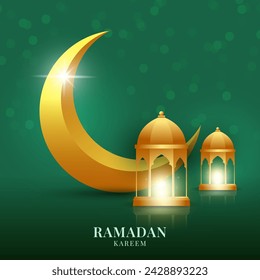 Ramadan kareem greeting background with golden lantern and crescent