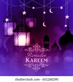 Ramadan Kareem, greeting background with hanging stars moons and lights vector