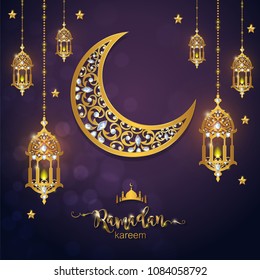 Ramadan Kareem Grußhintergrund Islamisch mit goldenen Mustern und Kristallen auf Papierfarbhintergrund.