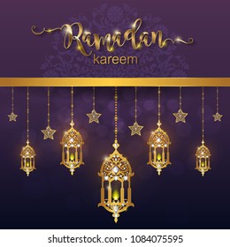 Ramadan Kareem greeting background Islamic with gold patterned and crystals on paper color background.