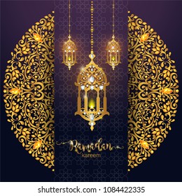 Ramadan Kareem greeting background Islamic with gold patterned and crystals on paper color background.