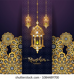 Ramadan Kareem greeting background Islamic with gold patterned and crystals on paper color background. 
