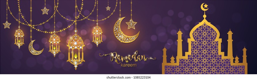 Ramadan Kareem greeting background Islamic with gold patterned and crystals on paper color background.
Ramadan Kareem greeting background Islamic with gold patterned and crystals on paper color background.