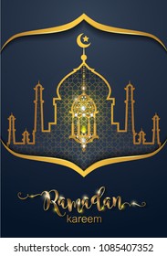 Ramadan Kareem greeting background Islamic with gold patterned and crystals on paper color background.