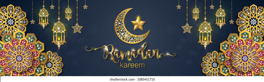 Ramadan Kareem greeting background Islamic with gold patterned and crystals on paper color background.
Ramadan Kareem greeting background Islamic with gold patterned and crystals on paper color background.