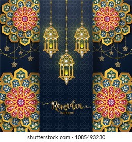 Ramadan Kareem greeting background Islamic with gold patterned and crystals on paper color background.