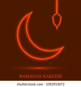 Ramadan Kareem greeting background islamic symbol crescent with arabic pattern - line calligraphy and lantern. Vector moon with a lantern.