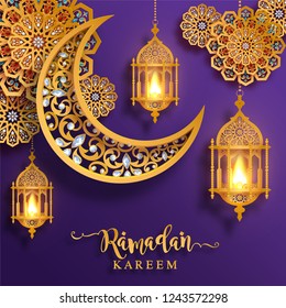 Ramadan Kareem greeting background Islamic with gold patterned and crystals on paper color background.