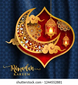Ramadan Kareem greeting background Islamic with gold patterned and crystals on paper color background.