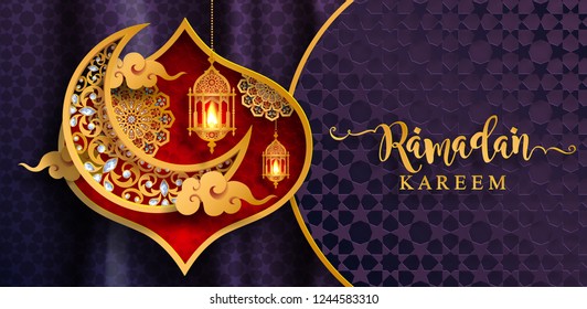 Fondo de saludo Ramadán Kareem con patrones islámicos de oro y cristales sobre fondo de color de papel. 