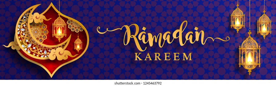 
Ramadan Kareem greeting background Islamic with gold patterned and crystals on paper color background. 