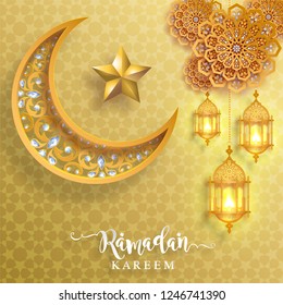Ramadan Kareem greeting background Islamic with gold patterned and crystals on paper color background. 