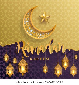 Ramadan Kareem greeting background Islamic with gold patterned and crystals on paper color background. 
