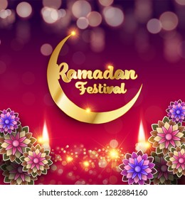 Ramadan Kareem greeting background Islamic with gold patterned and flowers paper cut style on bokeh background, Ramadan festival
