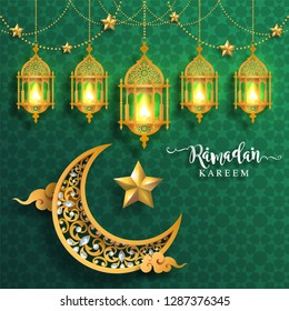 
Ramadan Kareem greeting background Islamic with gold patterned and crystals on paper color background.( Translation : Ramadan Kareem ) 