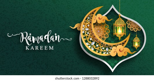 Ramadan Kareem greeting background Islamic with gold patterned and crystals on paper color background.( Translation : Ramadan Kareem ) 