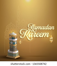 Ramadan Kareem greeting background islamic symbol ,mosque lantern with arabic pattern - line calligraphy and lantern - Vector