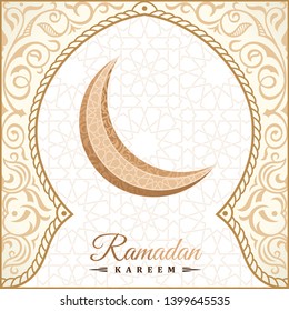 Ramadan Kareem greeting background islamic symbol crescent with arabic pattern. Vector Golden cards with wishing. Decor in Eastern style. Gold Banner for Muslim feast of the holy of Ramadan month