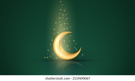 Ramadan Kareem greeting background with islamic 3D gold crescent moon and light confetti. Islamic decorative vector elements for Muslim holidays