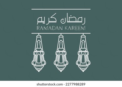 Ramadan Kareem saludando antecedentes con farolillos y caligrafía. Icono de la festividad islámica. Diseño de post de bienvenida vectorial Ramadan Kareem.