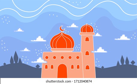 Ramadan Kareem greeting background mosque Vector Cartoon illustration with Cloud and blue sky