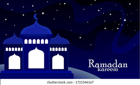 Ramadan Kareem Greeting Background with mosque, stars and night sky scene design