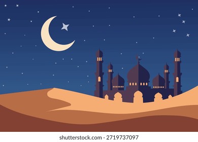Fondo de saludo de Ramadán Kareem con mezquita en el desierto. Concepto de celebración de Eid Mubarak con luna y estrellas. Ilustración vectorial plana de paisaje nocturno árabe con arquitectura.