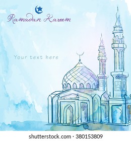 Ramadan Kareem greeting background mosque watercolor sketch - Translation of text : Ramadan Kareem - May Generosity Bless you during the holy month