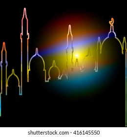 Ramadan Kareem greeting background mosque geometric style with Arabic town.