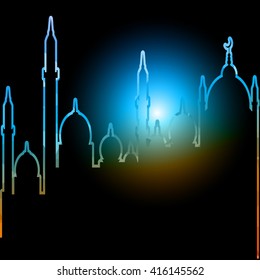 Ramadan Kareem greeting background mosque geometric style with Arabic town.