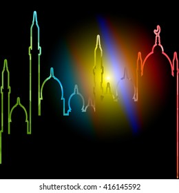 Ramadan Kareem greeting background mosque geometric style with Arabic town.