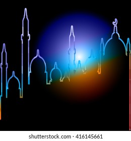 Ramadan Kareem greeting background mosque geometric style with Arabic town.