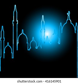 Ramadan Kareem greeting background mosque geometric style with Arabic town.