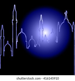 Ramadan Kareem greeting background mosque geometric style with Arabic town.