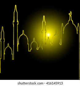 Ramadan Kareem greeting background mosque geometric style with Arabic town.