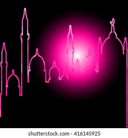 Ramadan Kareem greeting background mosque geometric style with Arabic town.