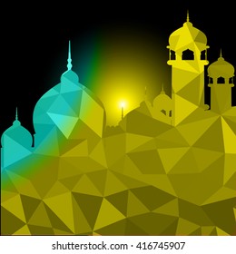Ramadan Kareem greeting background mosque geometric style with Arabic town.